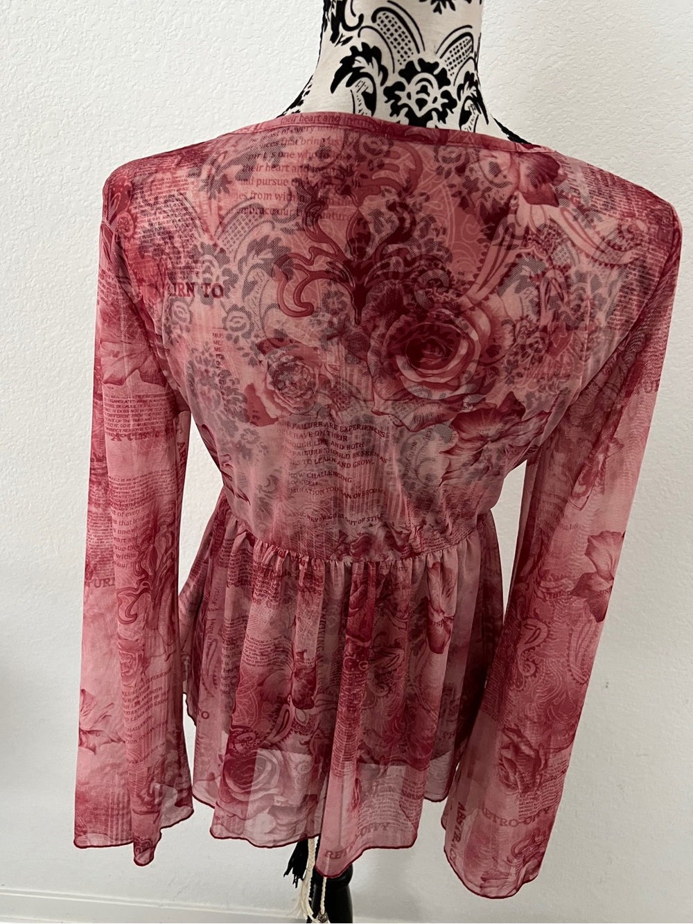 SHEIN Size L Pink Rose Newspaper Print Sheer Mesh Tie Front Top - Picture 5 of 8
